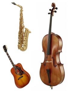 Instrument de musique, violon violoncelle et saxophone