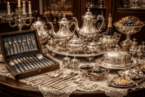 Collection d'argenterie et diverses pièces élégantes de table