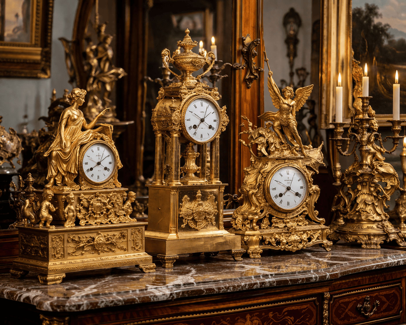 Exposition d'horloges anciennes dorées