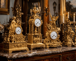 Exposition d'horloges anciennes dorées